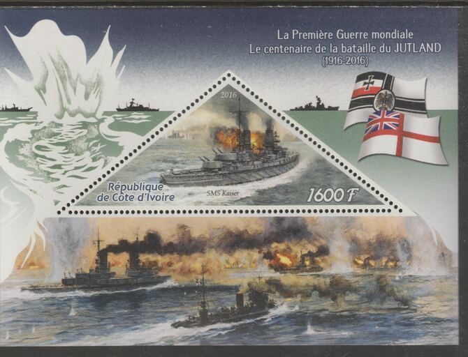 Ivory Coast 2016  Centenary of Battle of Jutland perf deluxe sheet containing one triangular value unmounted mint, stamps on triangular, stamps on shaped, stamps on  ww1 , stamps on battles, stamps on ships