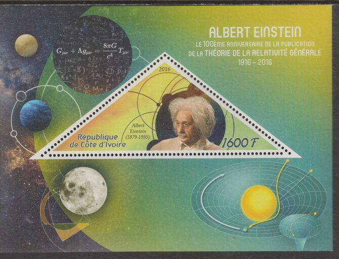 Ivory Coast 2016  Centenary of Einstein's Theory of Relativity perf deluxe sheet containing one triangular value unmounted mint, stamps on triangular, stamps on shaped, stamps on personalities, stamps on physics, stamps on mathematics, stamps on sciens, stamps on einstein