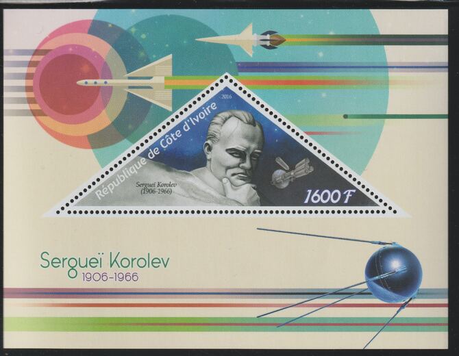 Ivory Coast 2016 Sergei Korolev perf deluxe sheet containing one triangular value unmounted mint, stamps on , stamps on  stamps on triangular, stamps on  stamps on shaped, stamps on  stamps on personalities, stamps on  stamps on space, stamps on  stamps on rockets