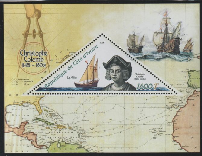 Ivory Coast 2016 Christopher Columbus perf deluxe sheet containing one triangular value unmounted mint, stamps on , stamps on  stamps on triangular, stamps on  stamps on shaped, stamps on  stamps on personalities, stamps on  stamps on columbus, stamps on  stamps on ships, stamps on  stamps on explorers, stamps on  stamps on maps