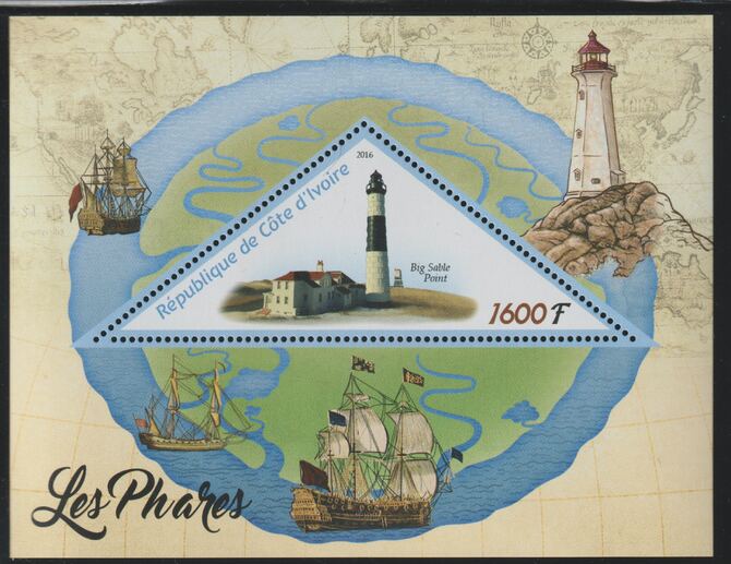 Ivory Coast 2016 Lighthouses perf deluxe sheet containing one triangular value unmounted mint, stamps on triangular, stamps on shaped, stamps on lighthouses, stamps on ships