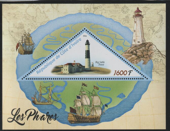 Ivory Coast 2016 Lighthouses perf deluxe sheet containing one triangular value unmounted mint, stamps on , stamps on  stamps on triangular, stamps on  stamps on shaped, stamps on  stamps on lighthouses, stamps on  stamps on ships