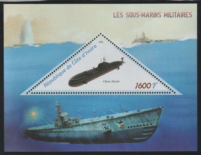 Ivory Coast 2016 Submarines perf deluxe sheet containing one triangular value unmounted mint, stamps on , stamps on  stamps on triangular, stamps on  stamps on shaped, stamps on  stamps on ships, stamps on  stamps on submarines