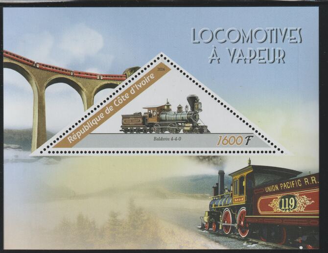 Ivory Coast 2016 Steam Locomotives perf deluxe sheet containing one triangular value unmounted mint, stamps on triangular, stamps on shaped, stamps on railways