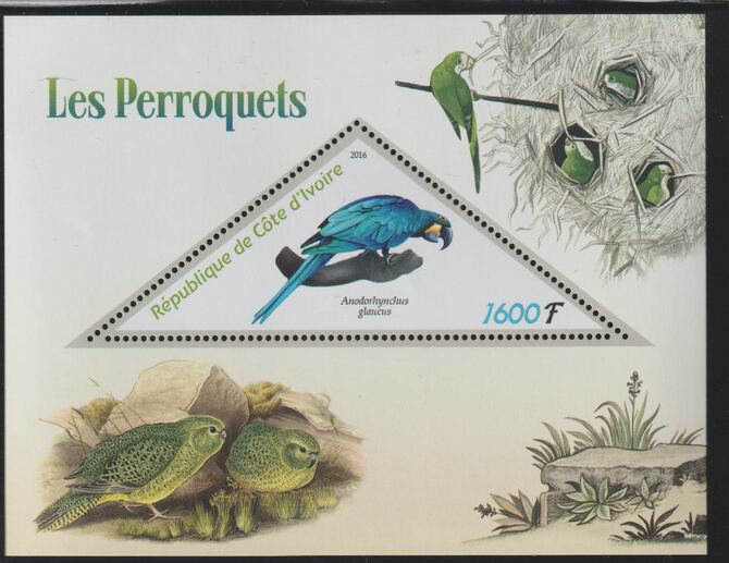 Ivory Coast 2016 Parrots perf deluxe sheet containing one triangular value unmounted mint, stamps on , stamps on  stamps on triangular, stamps on  stamps on shaped, stamps on  stamps on birds, stamps on  stamps on parrots