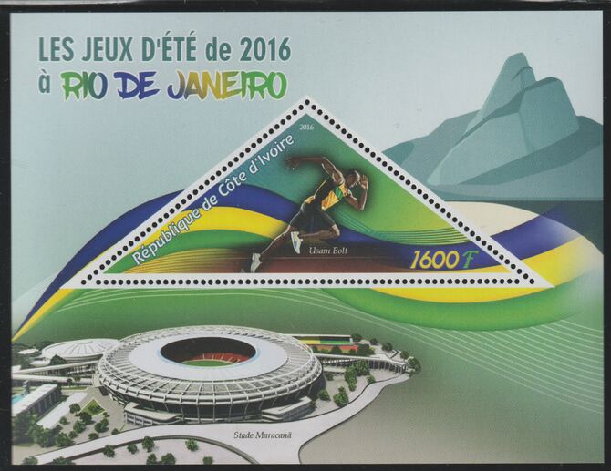 Ivory Coast 2016 Rio Olympic Games perf deluxe sheet containing one triangular value unmounted mint, stamps on , stamps on  stamps on triangular, stamps on  stamps on shaped, stamps on  stamps on olympics, stamps on  stamps on stadia