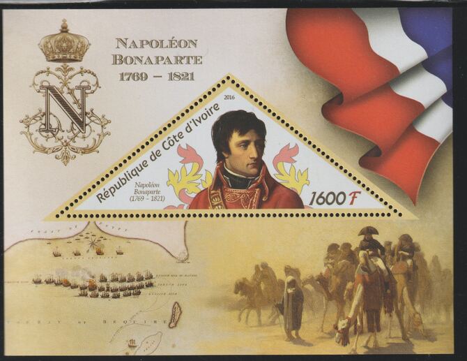 Ivory Coast 2016 Napoleon Bonaparte perf deluxe sheet containing one triangular value unmounted mint, stamps on triangular, stamps on shaped, stamps on personalities, stamps on napoleon, stamps on battles