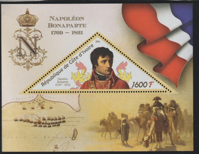 Ivory Coast 2016 Napoleon Bonaparte perf deluxe sheet containing one triangular value unmounted mint, stamps on , stamps on  stamps on triangular, stamps on  stamps on shaped, stamps on  stamps on personalities, stamps on  stamps on napoleon, stamps on  stamps on battles