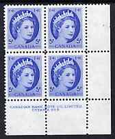 Canada 1954 Queen Elizabeth 5c blue in unmounted mint imprint corner block of 4, SG 467, stamps on , stamps on  stamps on royalty