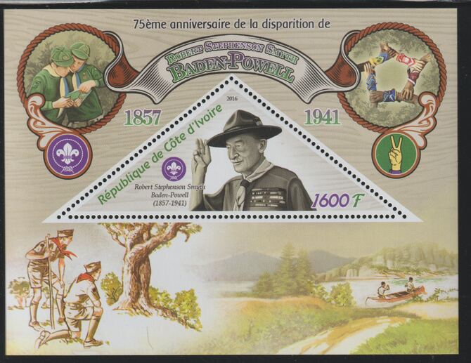 Ivory Coast 2016 Baden Powell perf deluxe sheet containing one triangular value unmounted mint, stamps on triangular, stamps on shaped, stamps on personalities, stamps on powell, stamps on scouts