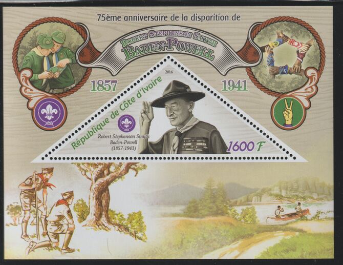 Ivory Coast 2016 Baden Powell perf deluxe sheet containing one triangular value unmounted mint, stamps on , stamps on  stamps on triangular, stamps on  stamps on shaped, stamps on  stamps on personalities, stamps on  stamps on powell, stamps on  stamps on scouts