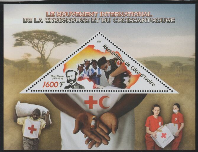 Ivory Coast 2016 Red Cross perf deluxe sheet containing one triangular value unmounted mint, stamps on triangular, stamps on shaped, stamps on red cross, stamps on medical, stamps on dunant