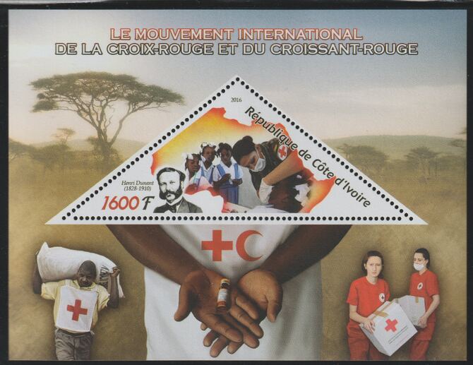 Ivory Coast 2016 Red Cross perf deluxe sheet containing one triangular value unmounted mint, stamps on , stamps on  stamps on triangular, stamps on  stamps on shaped, stamps on  stamps on red cross, stamps on  stamps on medical, stamps on  stamps on dunant