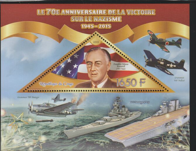 Congo 2015 Second World War - 70th Anniversary - Roosevelt perf deluxe sheet containing one triangular value unmounted mint, stamps on triangular, stamps on shaped, stamps on personalities, stamps on  ww2 , stamps on ships, stamps on roosevelt, stamps on aviation, stamps on flat tops