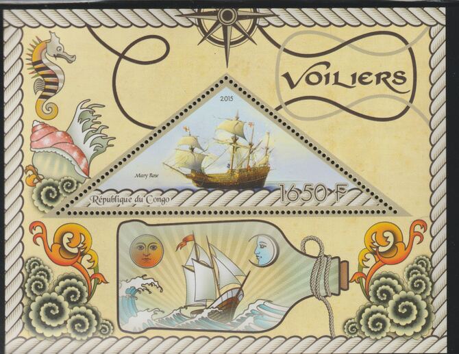 Congo 2015 Sailing Ships perf deluxe sheet containing one triangular value unmounted mint, stamps on triangular, stamps on shaped, stamps on ships