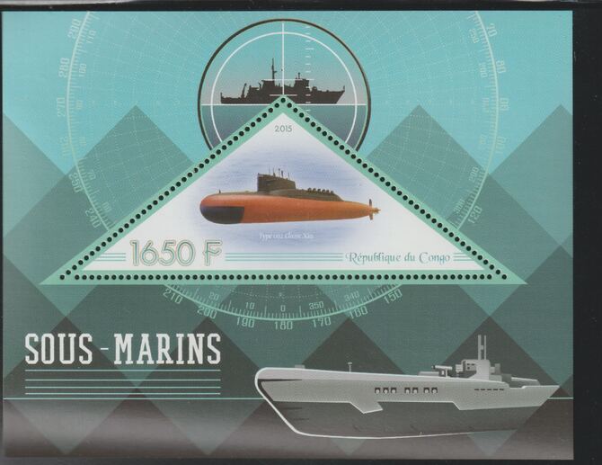 Congo 2015 Submarines perf deluxe sheet containing one triangular value unmounted mint, stamps on triangular, stamps on shaped, stamps on ships, stamps on submarines