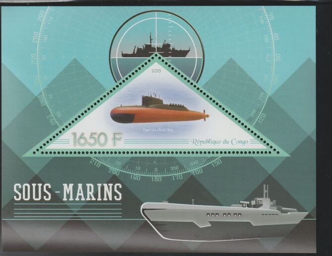 Congo 2015 Submarines perf deluxe sheet containing one triangular value unmounted mint, stamps on , stamps on  stamps on triangular, stamps on  stamps on shaped, stamps on  stamps on ships, stamps on  stamps on submarines