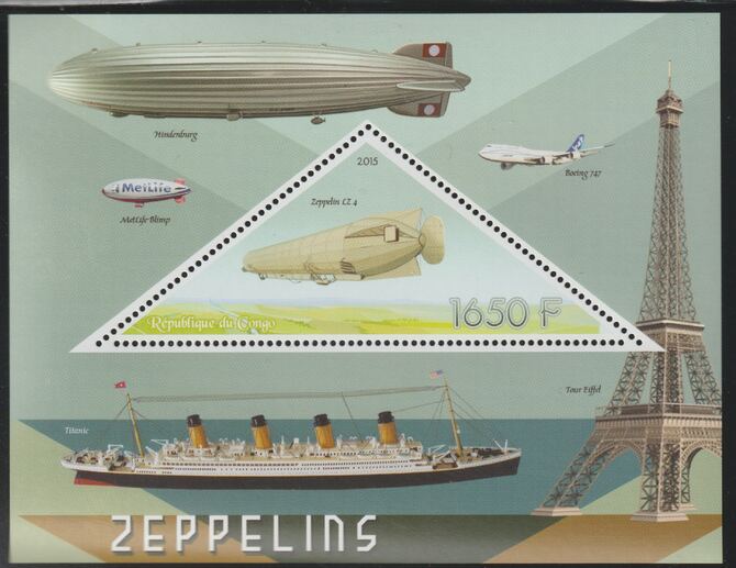 Congo 2015 Zeppelins perf deluxe sheet containing one triangular value unmounted mint, stamps on , stamps on  stamps on triangular, stamps on  stamps on shaped, stamps on  stamps on ships, stamps on  stamps on zeppelins, stamps on  stamps on eiffel tower