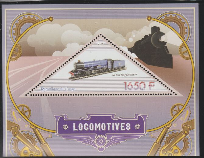 Congo 2015 Locomotives perf deluxe sheet containing one triangular value unmounted mint, stamps on triangular, stamps on shaped, stamps on railways
