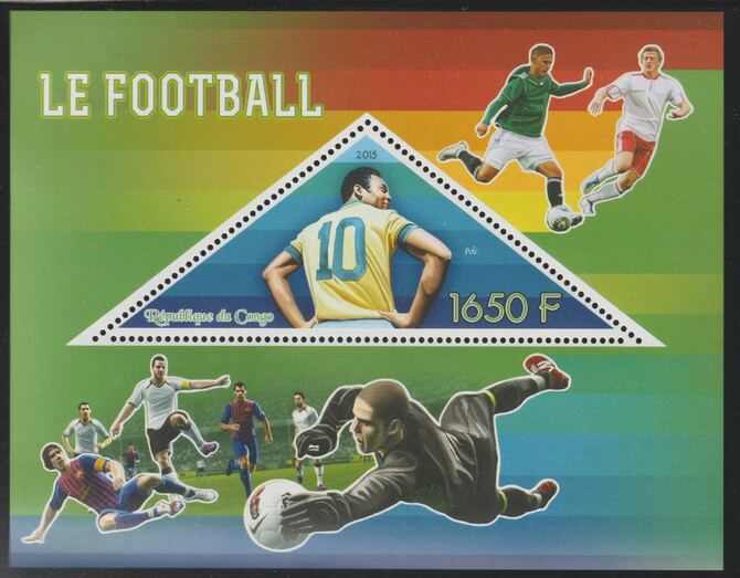 Congo 2015 Football perf deluxe sheet containing one triangular value unmounted mint, stamps on triangular, stamps on shaped, stamps on sport, stamps on football