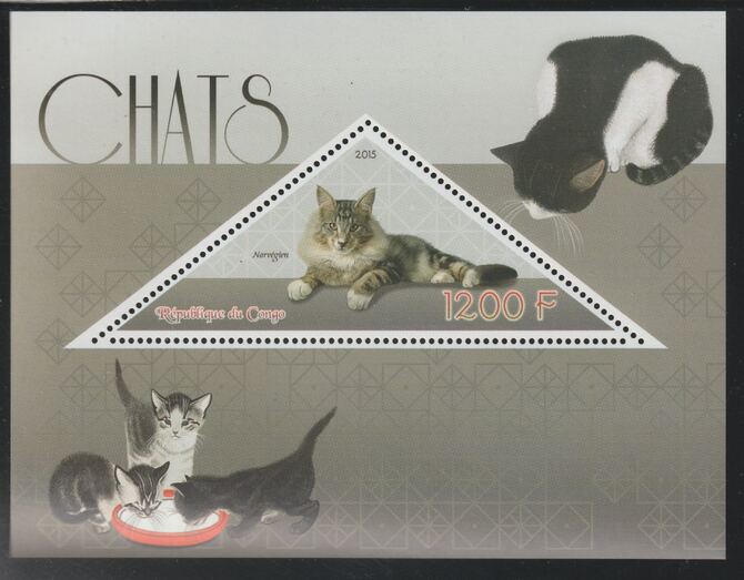 Congo 2015 Domestic Cats perf deluxe sheet containing one triangular value unmounted mint, stamps on , stamps on  stamps on triangular, stamps on  stamps on shaped, stamps on  stamps on cats