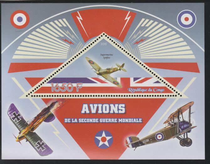 Congo 2015 Aircraft of WW2 perf deluxe sheet containing one triangular value unmounted mint, stamps on triangular, stamps on shaped, stamps on aviation, stamps on  ww2 , stamps on 
