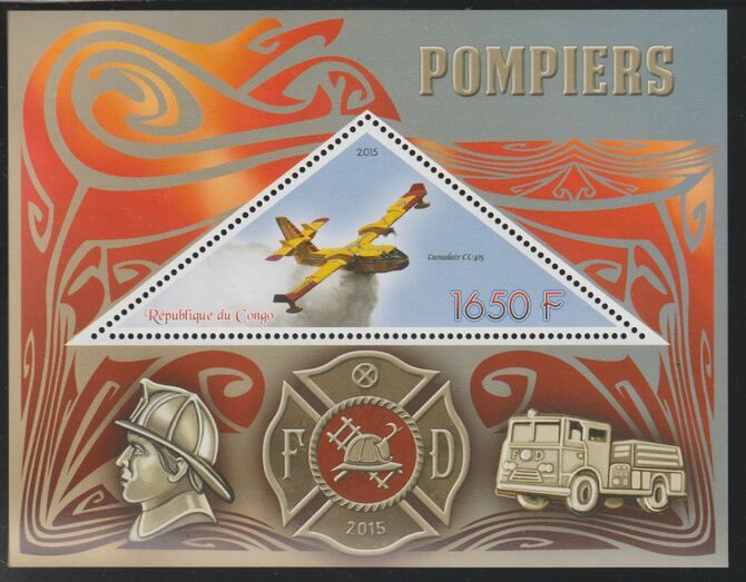 Congo 2015 Fire Fighting perf deluxe sheet containing one triangular value unmounted mint, stamps on , stamps on  stamps on triangular, stamps on  stamps on shaped, stamps on  stamps on aviation, stamps on  stamps on fire, stamps on  stamps on 