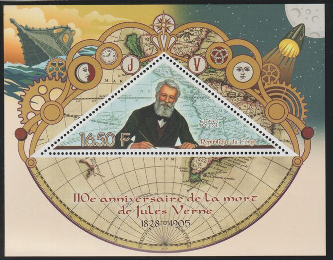 Congo 2015 Jules Verne 110th Death Anniversary perf deluxe sheet containing one triangular value unmounted mint, stamps on triangular, stamps on shaped, stamps on personalities, stamps on verne, stamps on sci-fi