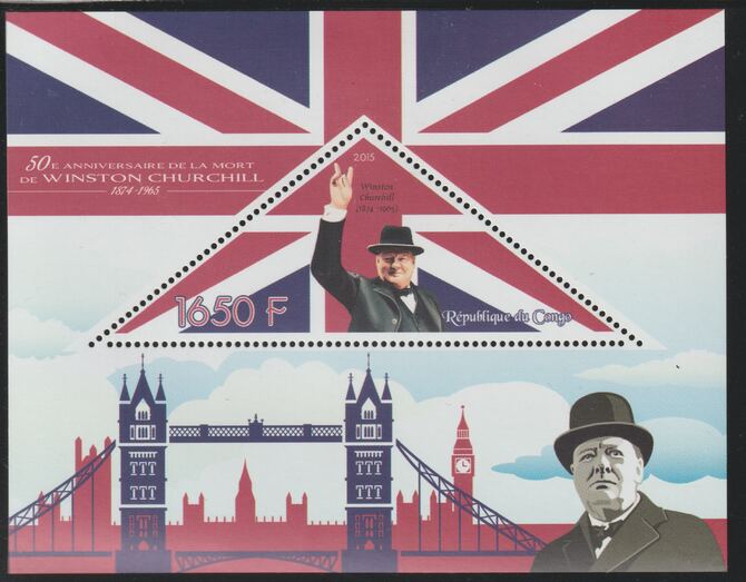 Congo 2015 Winston Churchill 50th Death Anniversary perf deluxe sheet containing one triangular value unmounted mint, stamps on triangular, stamps on shaped, stamps on personalities, stamps on churchill, stamps on london