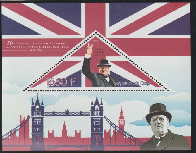 Congo 2015 Winston Churchill 50th Death Anniversary perf deluxe sheet containing one triangular value unmounted mint, stamps on , stamps on  stamps on triangular, stamps on  stamps on shaped, stamps on  stamps on personalities, stamps on  stamps on churchill, stamps on  stamps on london