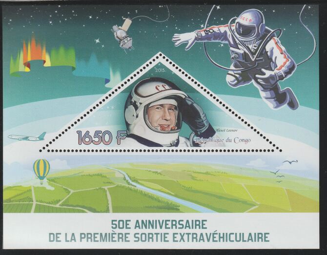 Congo 2015 Space Walk 50th Anniversary perf deluxe sheet containing one triangular value unmounted mint, stamps on , stamps on  stamps on triangular, stamps on  stamps on shaped, stamps on  stamps on space