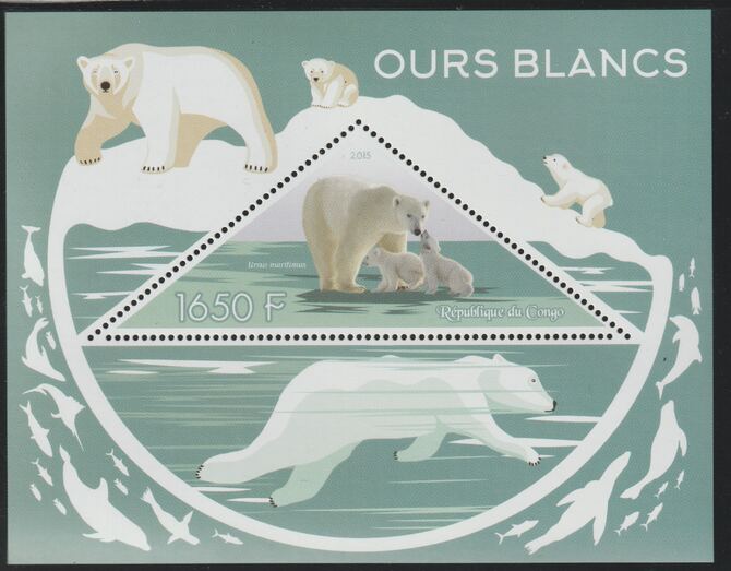 Congo 2015 Polar Bears perf deluxe sheet containing one triangular value unmounted mint, stamps on , stamps on  stamps on triangular, stamps on  stamps on shaped, stamps on  stamps on bears, stamps on  stamps on polar