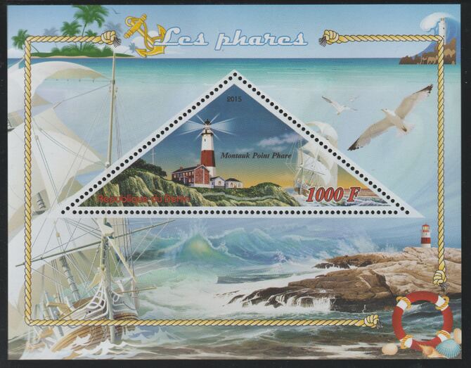 Benin 2015 Lighthouses perf deluxe sheet containing one triangular value unmounted mint, stamps on triangular, stamps on shaped, stamps on lighthouses, stamps on ships