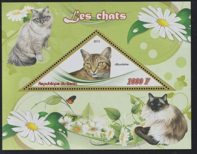 Benin 2015 Domestic Cats perf deluxe sheet containing one triangular value unmounted mint, stamps on triangular, stamps on shaped, stamps on cats