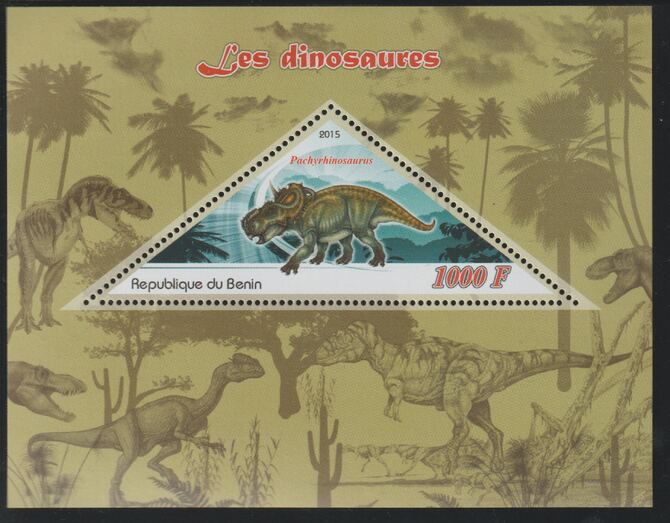 Benin 2015 Dinosaurs perf deluxe sheet containing one triangular value unmounted mint, stamps on , stamps on  stamps on triangular, stamps on  stamps on shaped, stamps on  stamps on dinosaurs
