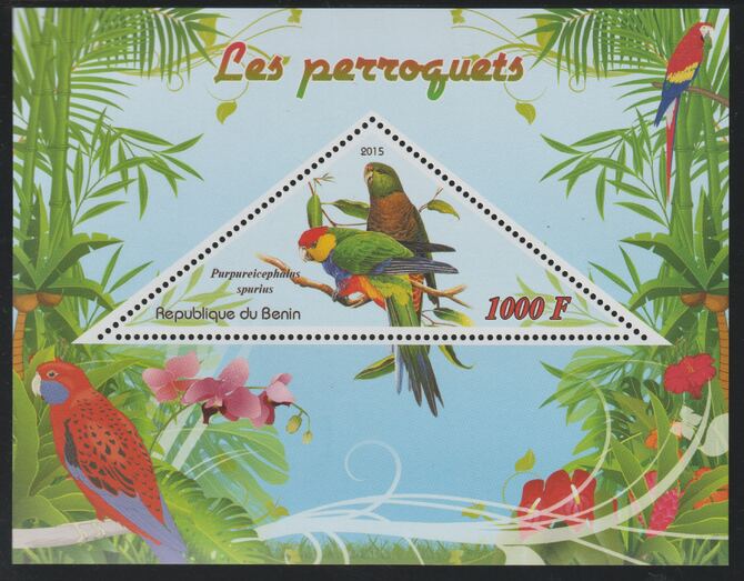 Benin 2015 Parrots perf deluxe sheet containing one triangular value unmounted mint, stamps on , stamps on  stamps on triangular, stamps on  stamps on shaped, stamps on  stamps on birds, stamps on  stamps on parrots