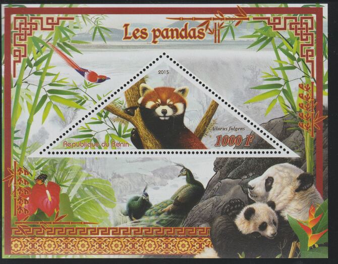 Benin 2015 Pandas perf deluxe sheet containing one triangular value unmounted mint, stamps on , stamps on  stamps on triangular, stamps on  stamps on shaped, stamps on  stamps on animals, stamps on  stamps on bears, stamps on  stamps on pandas