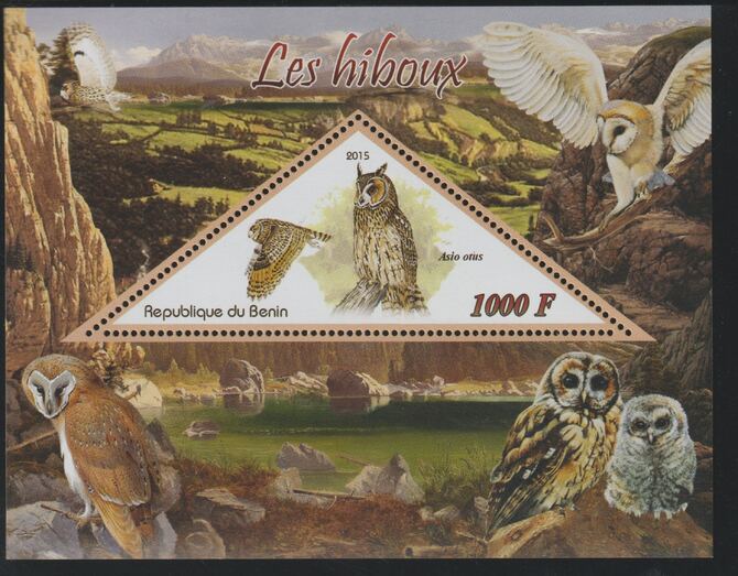 Benin 2015 Owls perf deluxe sheet containing one triangular value unmounted mint, stamps on triangular, stamps on shaped, stamps on birds, stamps on birds of prey, stamps on owls