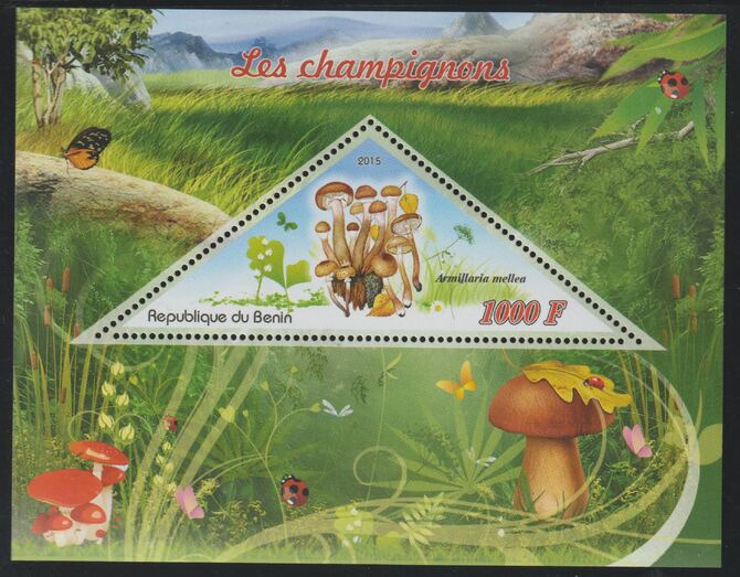 Benin 2015 Mushrooms perf deluxe sheet containing one triangular value unmounted mint, stamps on , stamps on  stamps on triangular, stamps on  stamps on shaped, stamps on  stamps on fungi