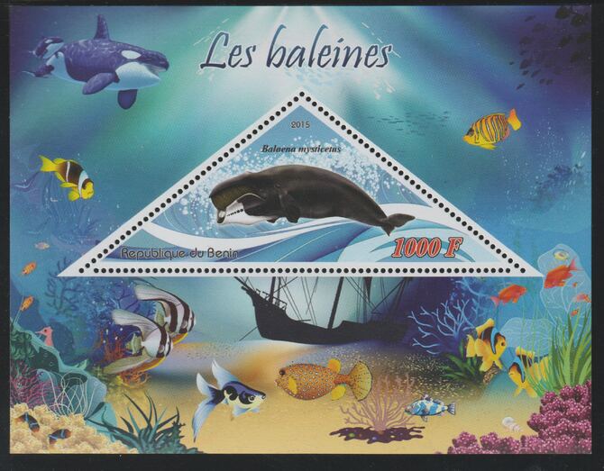 Benin 2015 Whales perf deluxe sheet containing one triangular value unmounted mint, stamps on triangular, stamps on shaped, stamps on marine life, stamps on whales, stamps on fish