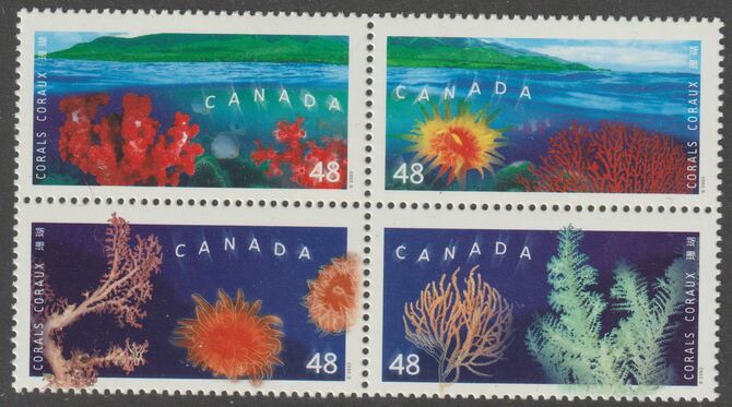 Canada - Hong Kong Joint Issue - Corals se-tenant block of 4 unmounted mint, SG 2138-41, stamps on marine life, stamps on coral, stamps on 