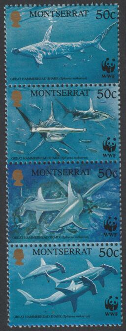 Montserrat 1999 WWF Hammer-Head Shark perf strip of four values unmounted mint, SG 1148-51, stamps on , stamps on  stamps on fish, stamps on  stamps on  wwf , stamps on  stamps on sharks, stamps on  stamps on 