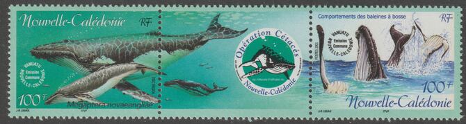New Caledonia 2001 WWF Marine Mammals se-tenant perf strip of two values plus label unmounted mint, SG 1233-34, stamps on marine life, stamps on whales