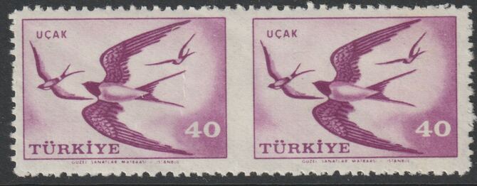 Turkey 1959 Birds - Swallows 40k horizontalpair imperf between unmounted mint, SG 1843var, stamps on , stamps on  stamps on birds, stamps on  stamps on swallows