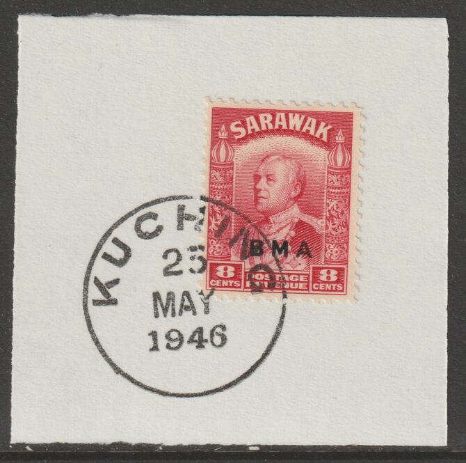 Sarawak 1945 BMA overprint on Sir Charles Brooke 8c on piece cancelled with full strike of Madame Joseph forged postmark type 378, stamps on , stamps on  stamps on , stamps on  stamps on  kg6 , stamps on  stamps on forgeries