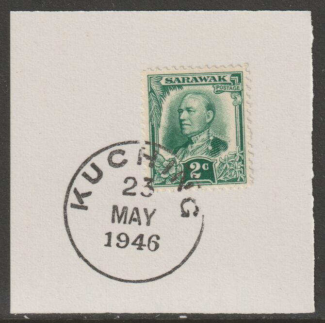 Sarawak 1932 Sir Charles Brooke 2c green on piece cancelled with full strike of Madame Joseph forged postmark type 378, stamps on , stamps on  kg5 , stamps on forgeries