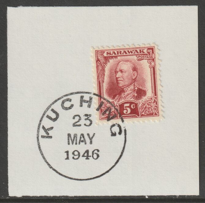 Sarawak 1932 Sir Charles Brooke 5c deep lake on piece cancelled with full strike of Madame Joseph forged postmark type 378, stamps on , stamps on  stamps on , stamps on  stamps on  kg5 , stamps on  stamps on forgeries