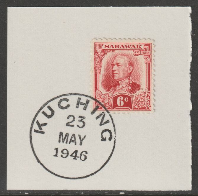 Sarawak 1932 Sir Charles Brooke 6c scarlet on piece cancelled with full strike of Madame Joseph forged postmark type 378, stamps on , stamps on  stamps on , stamps on  stamps on  kg5 , stamps on  stamps on forgeries