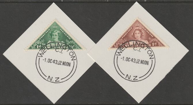 New Zealand 1943 Health - Princesses Triangular set of 2 (SG 636-37) on individual pieces each with full strike of Madame Joseph forged postmark type 290, stamps on , stamps on  stamps on children, stamps on  stamps on  kg6 , stamps on  stamps on forgery, stamps on  stamps on royalty