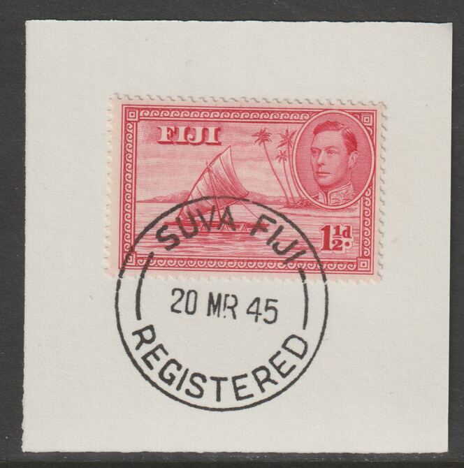 Fiji 1938-55 KG6 Pictorial 1.5d carmine (die I - empty canoe) on piece with full strike of Madame Joseph forged postmark type 167, stamps on , stamps on  stamps on , stamps on  stamps on  kg6 , stamps on  stamps on forgery, stamps on  stamps on canoe